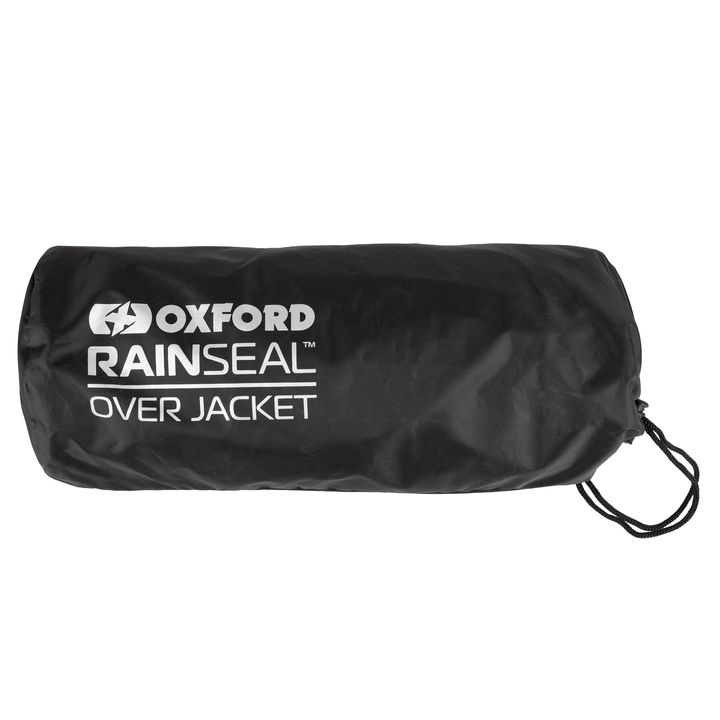 A black Oxford Rainseal over jacket packed in its compact storage bag with the logo and product name displayed on it.