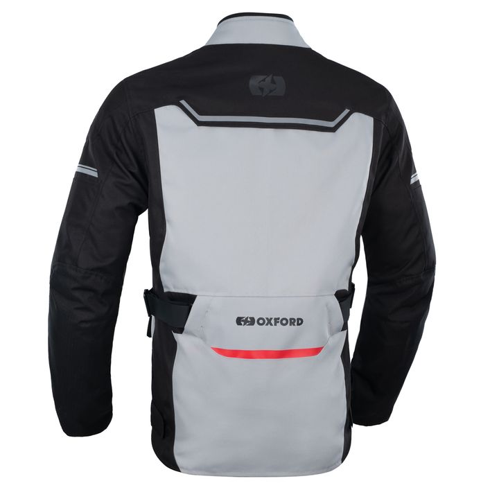 Alt text: A back view of a two-toned (black and grey) motorcycle jacket with reflective stripes on the sleeves, a logo on the upper back, and an adjustable belt with a logo around the waist.