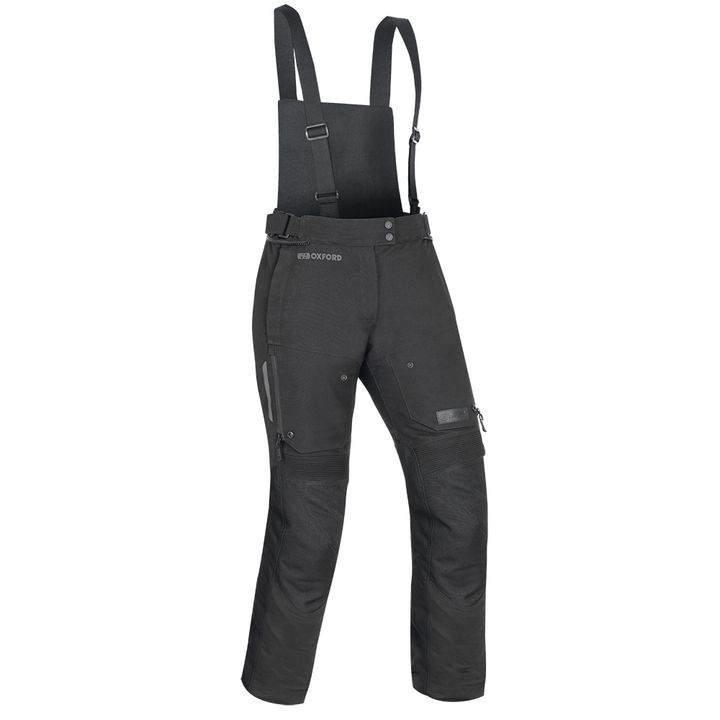 Mondial Women's Pant Regular Black motorcycle trousers with suspenders and multiple pockets against a white background.