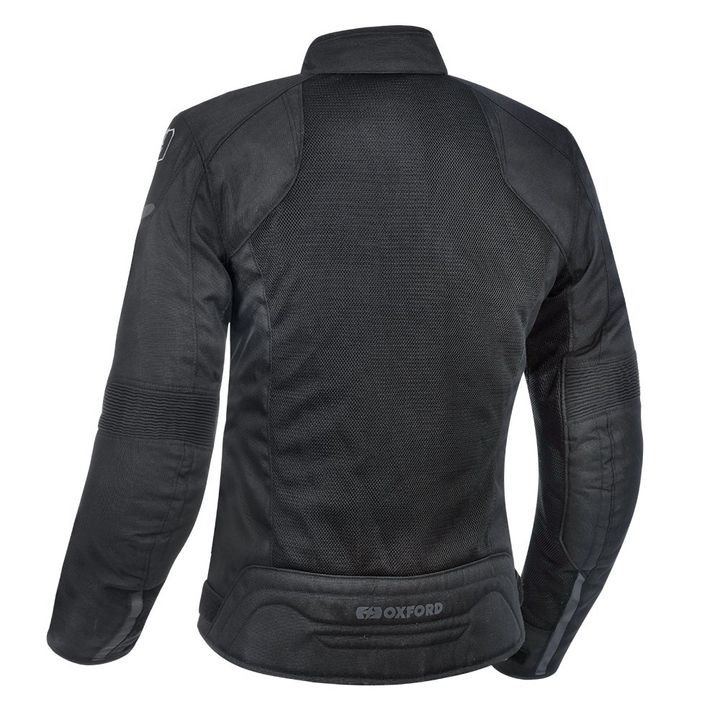 Back view of a black motorcycle jacket displayed on a white background.