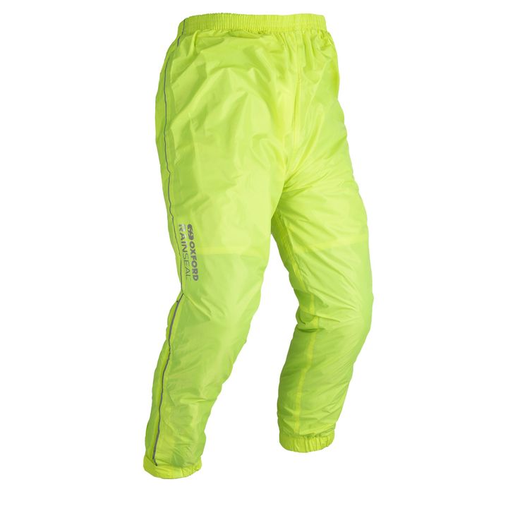 A pair of bright yellow rain pants with an elastic waist and reflective stripes along the sides, displayed against a white background.