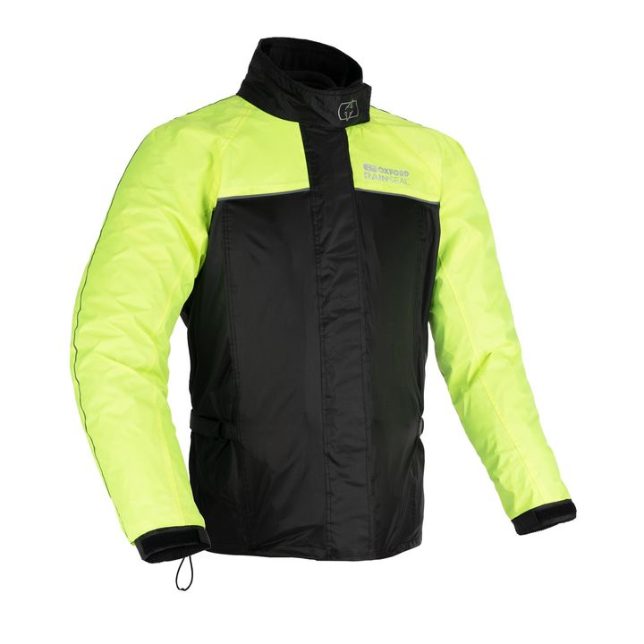 High-visibility motorcycle jacket with neon yellow and black panels, featuring reflective material and a logo on the left chest area.