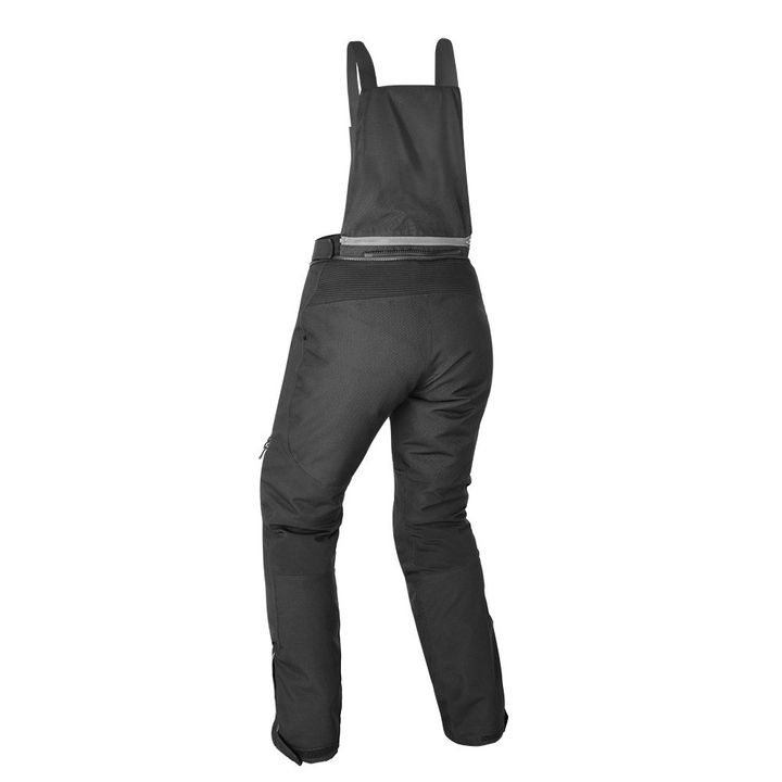 Black insulated bib overalls with suspenders and a reflective waistband, displayed on a white background.