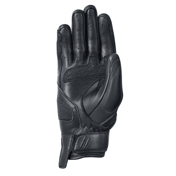 Alt text: A single black leather motorcycle glove for the left hand, displaying protective padding and breathable mesh, isolated on a white background.