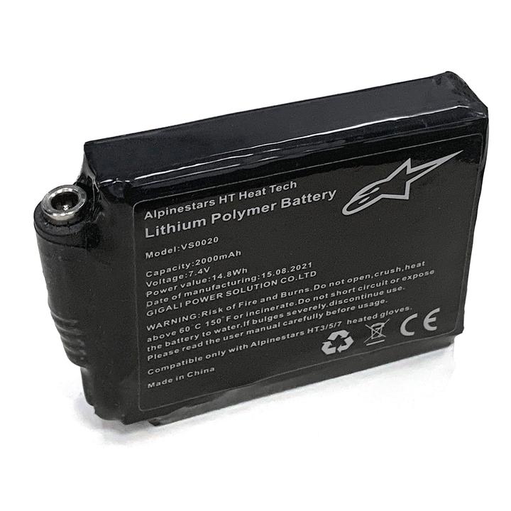 Alpinestars Battery replacement for Heat Gloves A black Alpinestars HT Heat Tech lithium polymer battery with model number VS0020, capacity of 2000mAh, voltage of 7.4V, and power of 14.8Wh. The label includes warnings, manufacturing date, and compliance marks.