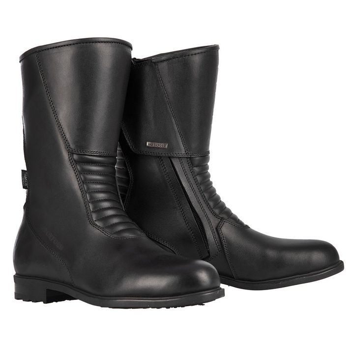 Oxford Valentina Women's Boots A pair of black motorcycle boots with a quilted design and branding on the sides, displayed on a white background.