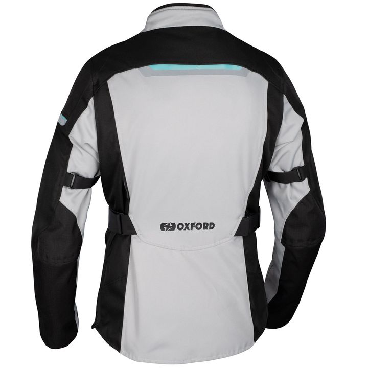 Alt text: Rear view of a gray and black motorcycle jacket with reflective accents and the Oxford logo on the lower back.