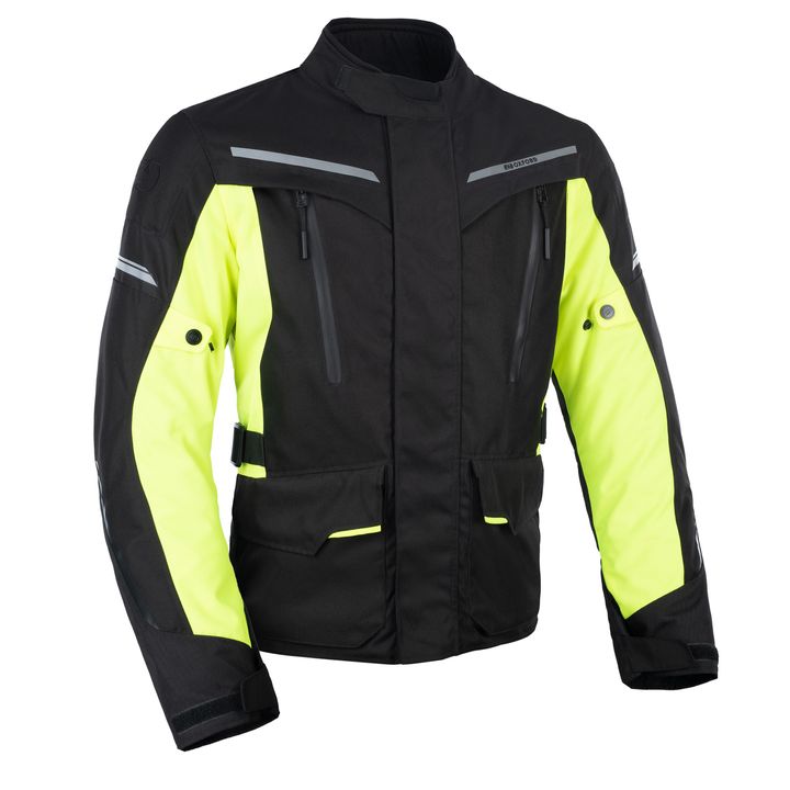 A black and hi-visibility yellow motorcycle jacket with reflective strips and multiple zippered pockets, displayed on a plain background.