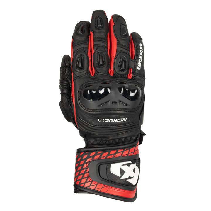 Alt text: A black and red motorcycle glove featuring reinforced knuckle protection and branded with a "Nexton" logo on the wrist strap.