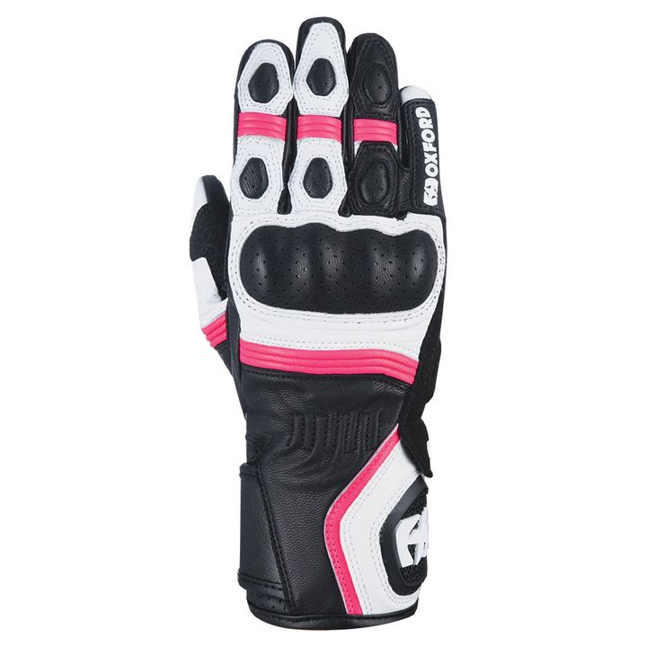 Oxford RP-5 2.0 Women's Glove A single black, white, and pink motorcycle glove with reinforced knuckle protection and a brand logo on the wrist strap.