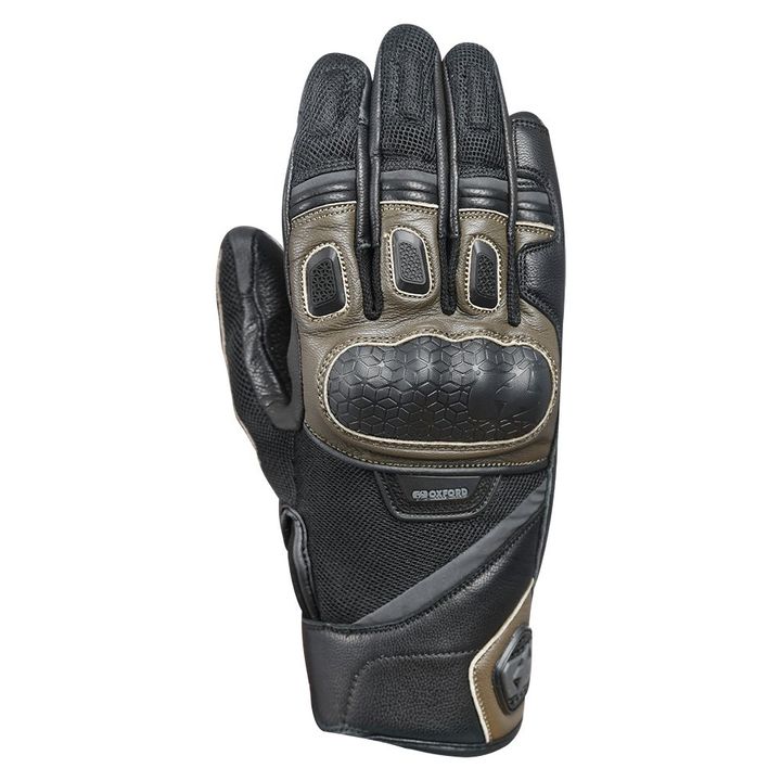 Oxford Outback Gloves A single black and tan motorcycle glove with reinforced sections and branded with the "OXFORD" logo, photographed against a white background.