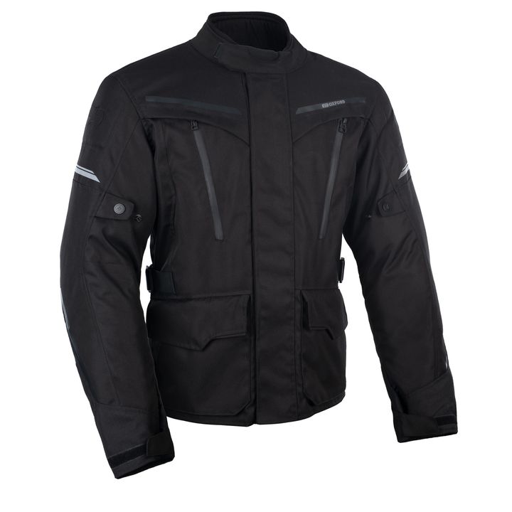 Oxford Metro 2.0 Mens Jacket A black motorcycle jacket with reflective stripes, multiple zippered pockets, and adjustable straps, displayed against a white background.