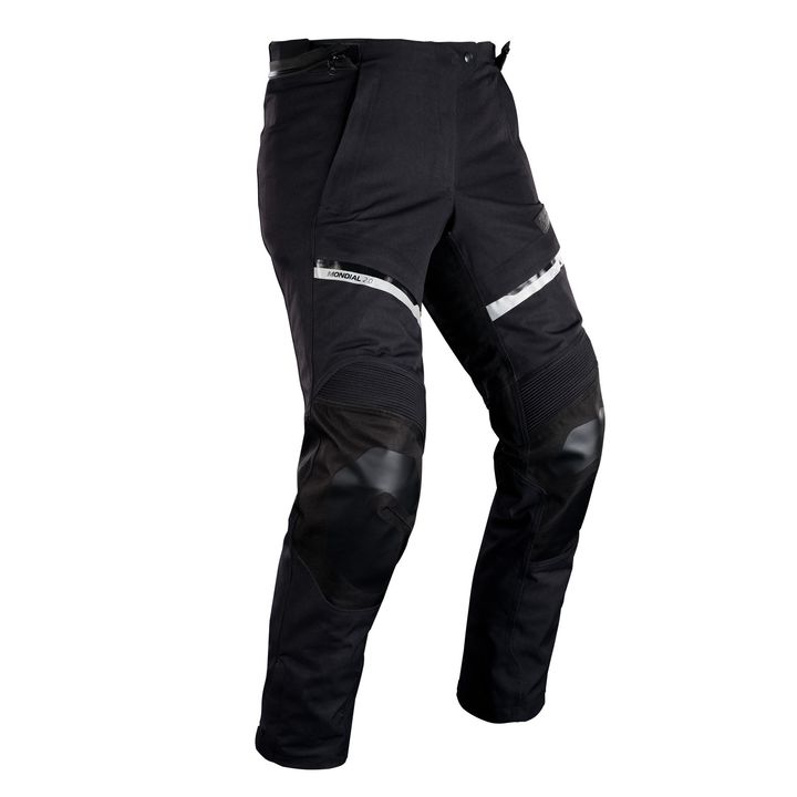 Oxford Mondial 2.0 Women's Pant A pair of black motorcycle pants with reinforced knee pads and reflective stripes, displayed against a white background.