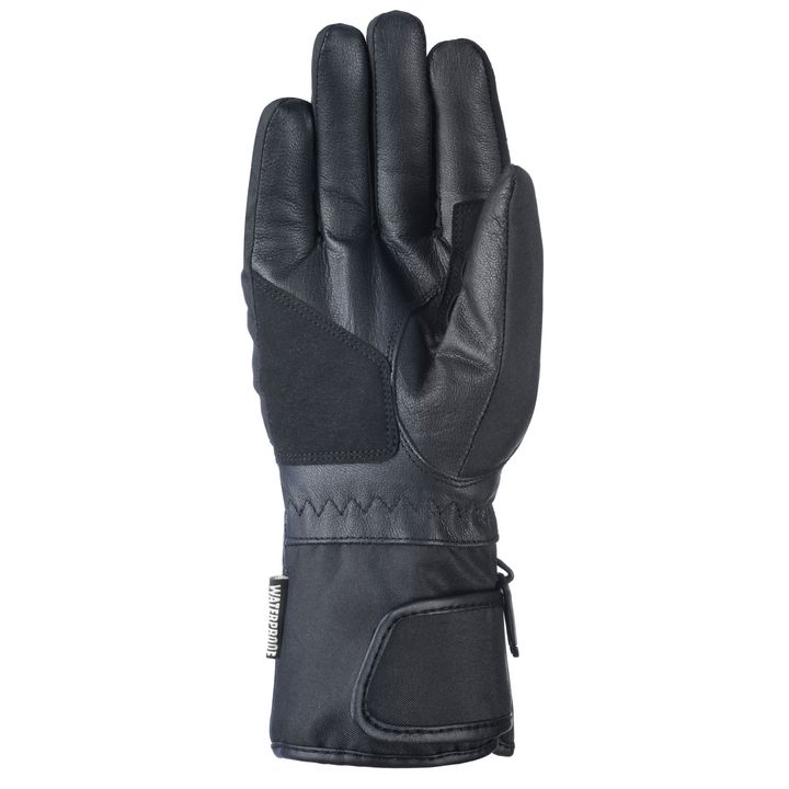 A single black leather glove with an extended cuff and a small label on the side.