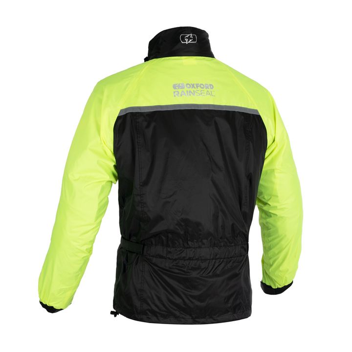 A rear view of a high-visibility yellow and black rain jacket with reflective strips and the logo "OXFORD RAINSEAL" on the back collar.