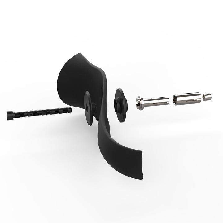 A 3D rendering of a black, modern wall-mounted paper towel holder with an extended bar and separated metallic pieces laid out on a white background.