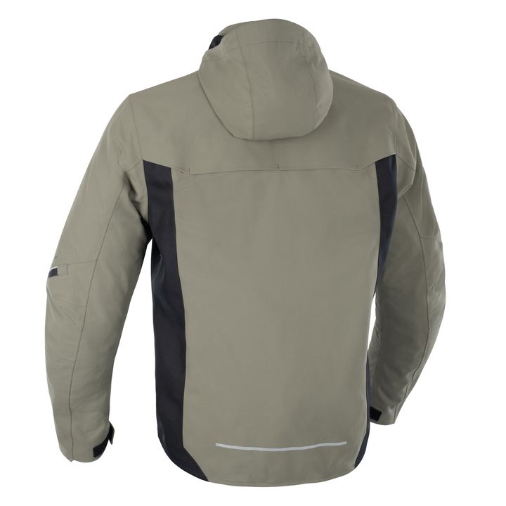 A technical outdoor jacket in olive green with black panel accents on the sides, featuring a hood, visible stitching, and reflective trim on the back.