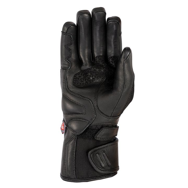 A single black leather motorcycle glove with reinforced padding displayed against a white background.