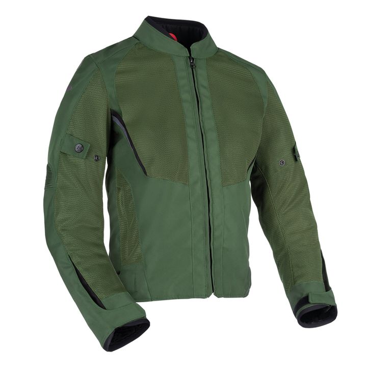 Oxford Iota 1.0 Air Women's Jacket Green motorcycle jacket with mesh paneling, reinforced shoulders and elbows, zippered closure, and adjustable cuffs on a white background.